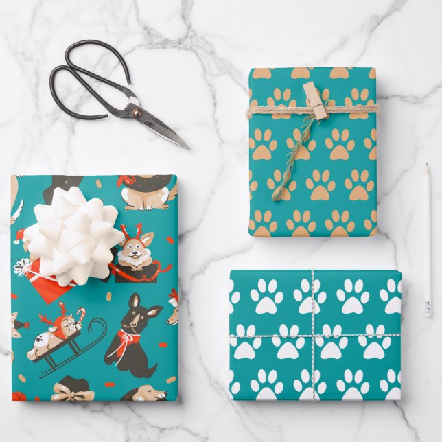 Festive Christmas Dogs Wrapping Paper Set of 3 (Front)