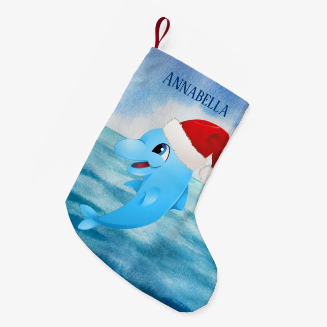 festive Christmas dolphin add name beach Small Christmas Stocking (Front (Hanging))