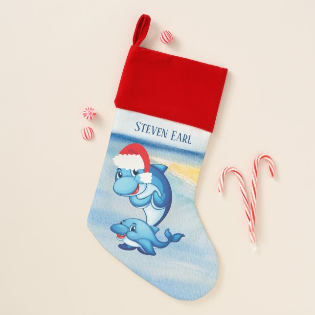 festive Christmas dolphins add name beach Stocking (Front)