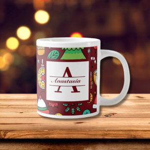 Festive Christmas Doodles Monogram Giant Coffee Mug