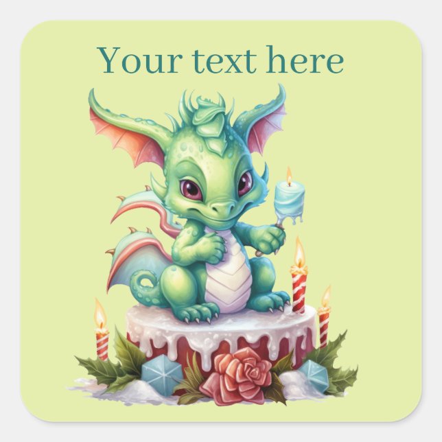 festive Christmas dragon Birthday cake add text  Square Sticker (Front)