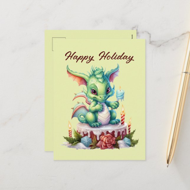 Festive Christmas dragon cake add text Holiday Postcard (Front/Back In Situ)