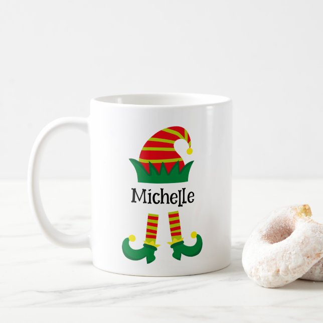 Festive Christmas Elf Cartoon Personalized  Coffee Mug (With Donut)