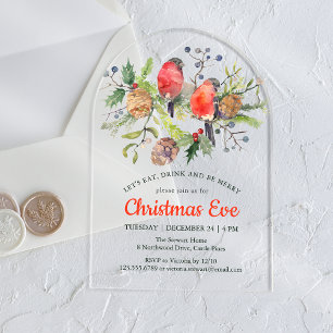 Festive Christmas Eve Watercolor Bullfinch Floral Acrylic Invitations