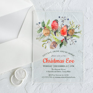 Festive Christmas Eve Watercolor Bullfinch Floral Acrylic Invitations