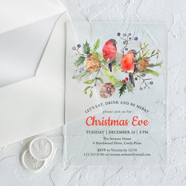 Festive Christmas Eve Watercolor Bullfinch Floral Acrylic Invitations (Creator Uploaded)