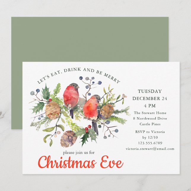 Festive Christmas Eve Watercolor Bullfinch Floral Invitation (Front/Back)