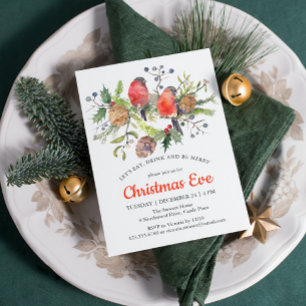 Festive Christmas Eve Watercolor Bullfinch Floral Invitation