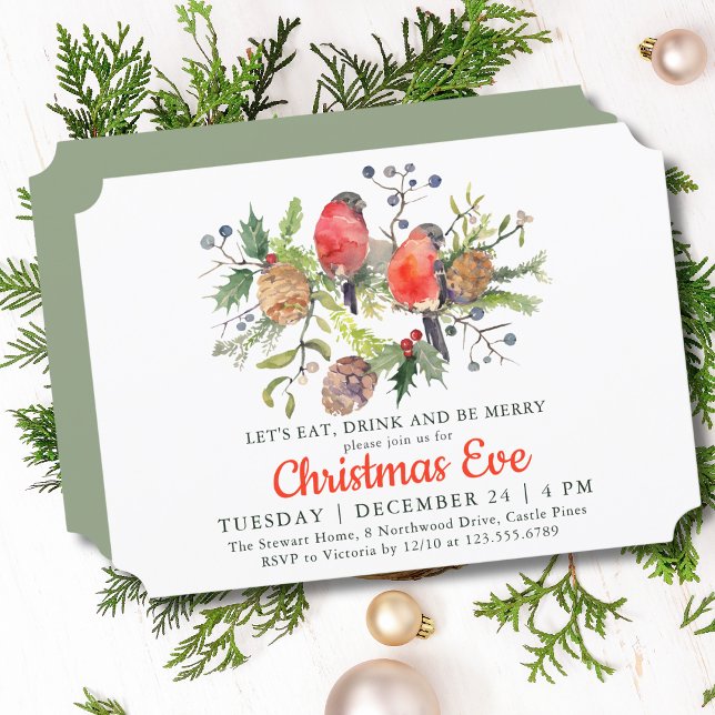 Festive Christmas Eve Watercolor Bullfinch Floral Invitation (Creator Uploaded)