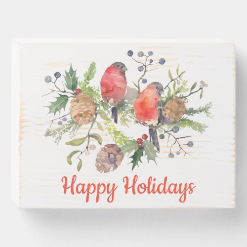 Festive Christmas Eve Watercolor Bullfinch Floral Wooden Box Sign