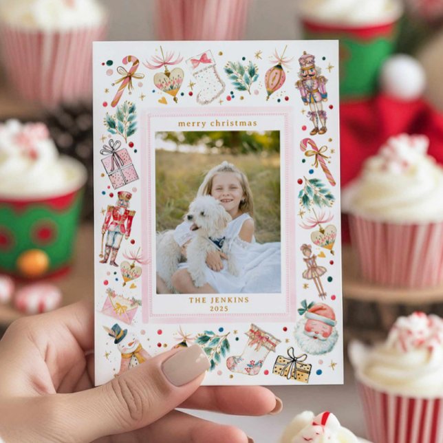 Festive Christmas Family Photo Card (Fun Pink Christmas Photo Card)