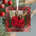 Festive Christmas Family Photo Red Plaid Tartan Glass Ornament<br><div class="desc">A classic red plaid tartan pattern behind your holiday family photograph for a festive,  traditional Christmas ornament. Simple and beautiful photo Christmas gift.</div>