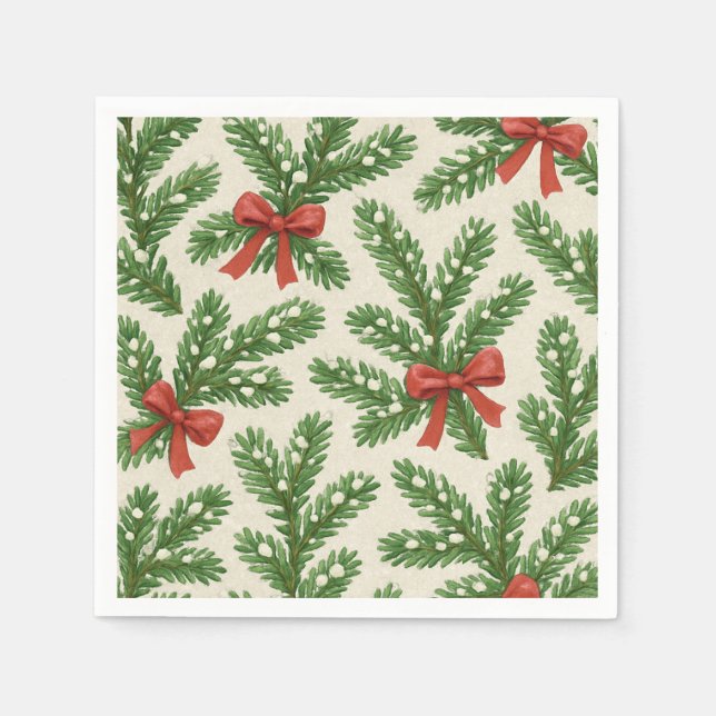 Festive Christmas fir branch and red ribbon Napkins (Front)
