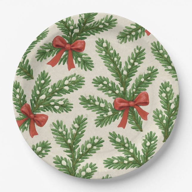 Festive Christmas fir branch and red ribbon Paper Plates (Front)
