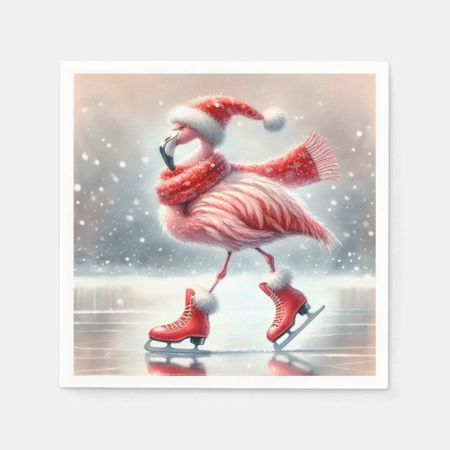 Festive Christmas Flamingo Ice Skating Napkins (Front)