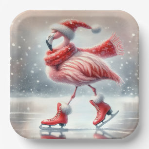 Festive Christmas Flamingo Ice Skating Paper Plates