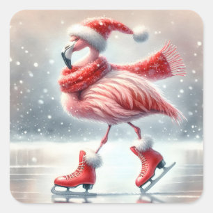 Festive Christmas Flamingo Ice Skating Square Sticker