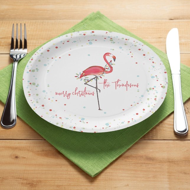 Festive Christmas Flamingo String Light Holiday  Paper Plates (Simple Merry Christmas cute pink flamingo calligraphy script paper plate)