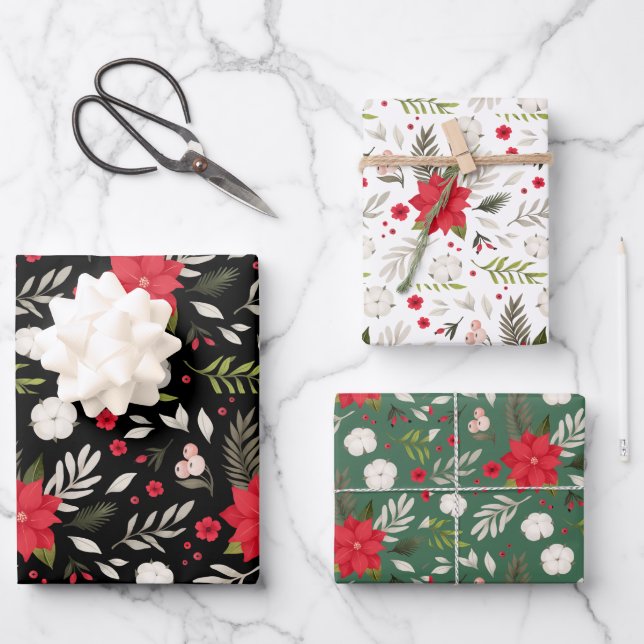 Festive Christmas Floral Pattern Coordinated Wrapping Paper Sheets (Front)
