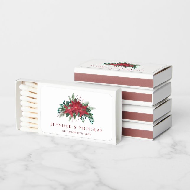 Festive Christmas Floral Red Poinsettia Wedding Matchboxes (Stacked)