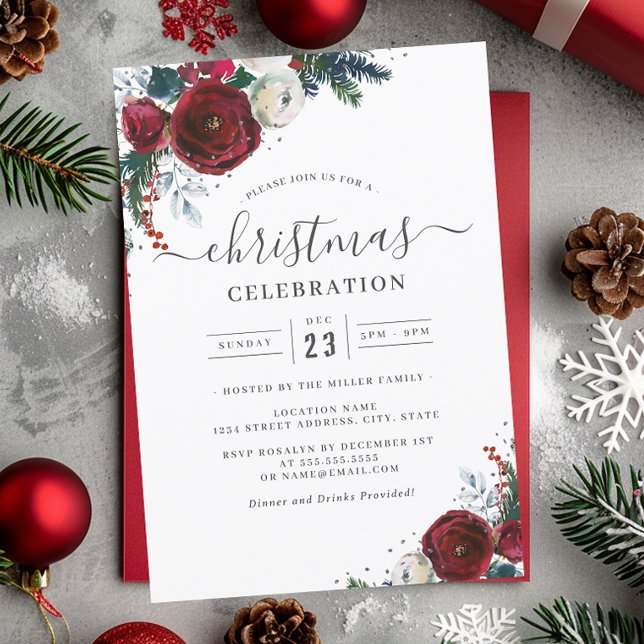 Festive Christmas Floral Red Silver Party  Invitation (Creator Uploaded)