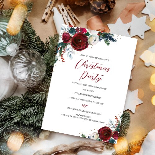 Festive Christmas Floral Red White Party  Invitation