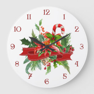Festive Christmas Floral, Ribbon & Candy Cane Large Clock