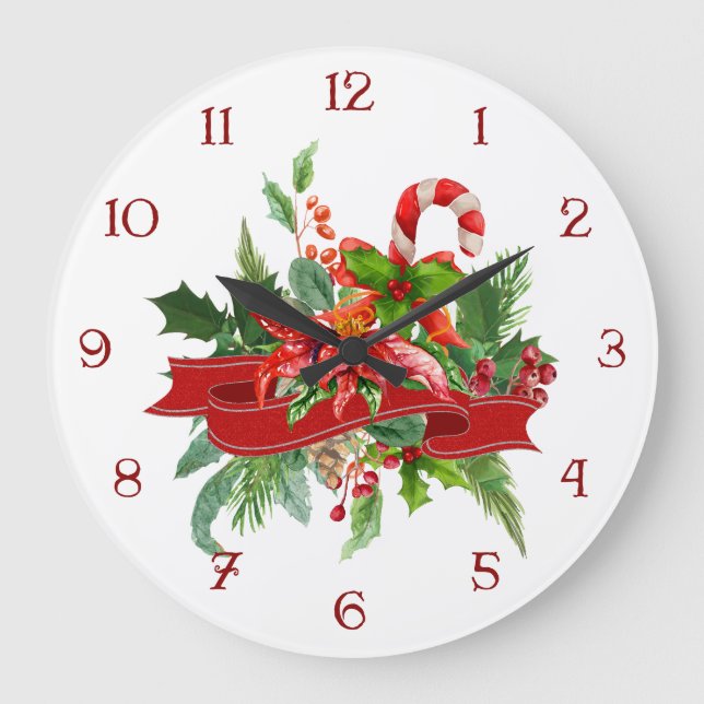 Festive Christmas Floral, Ribbon & Candy Cane Large Clock (Front)