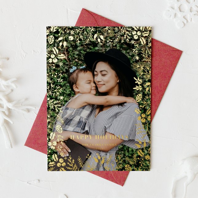 Festive Christmas Foliage Frame Overlay Photo Foil Holiday Card (Creator Uploaded)