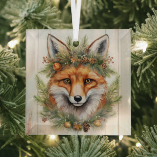 Festive Christmas Fox Glass Ornament