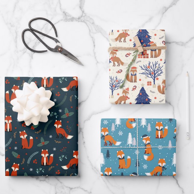 Festive Christmas fox tiled pattern Wrapping Paper Sheets (Front)