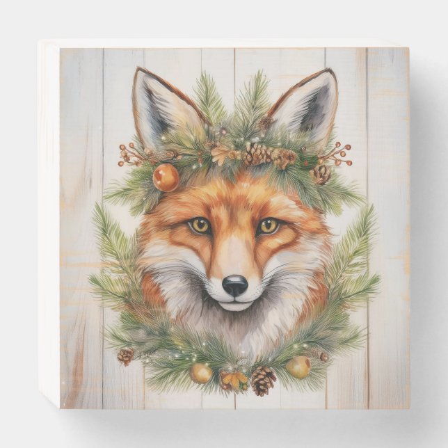 Festive Christmas Fox Wooden Box Sign (Front Horizontal)