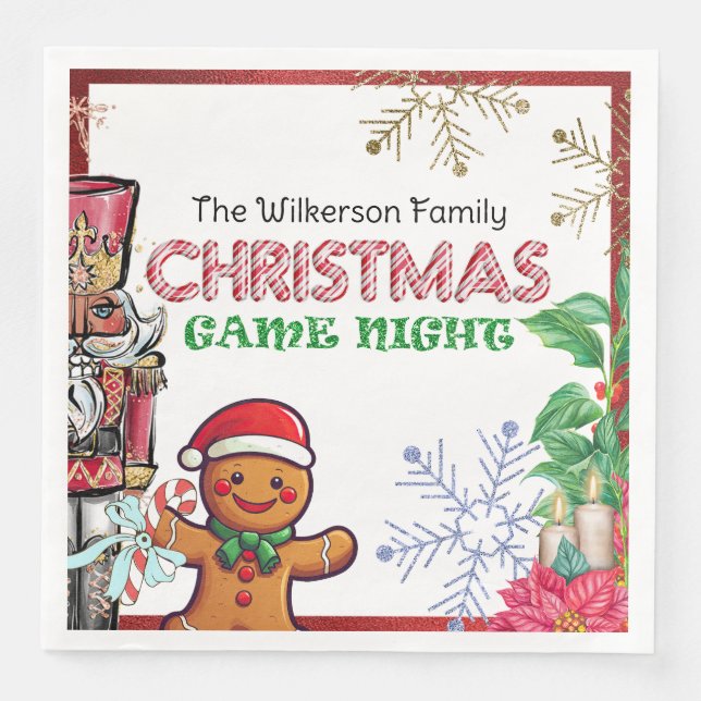 Festive Christmas Game Night Party Paper Dinner Napkins (Front)