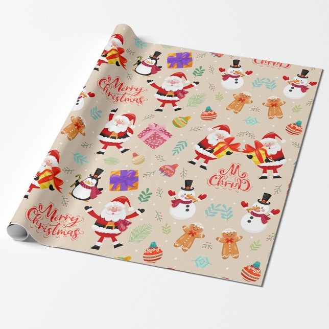 Festive Christmas Gift Scene with Santa  Wrapping Paper ("Santa, penguins, and presents the perfect holiday trio")