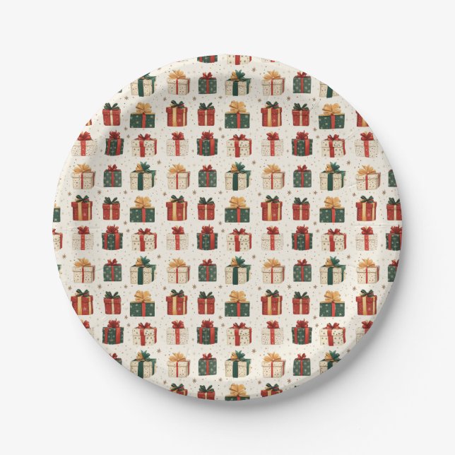 Festive Christmas Gift Wrap Design Pattern Paper Plates (Front)