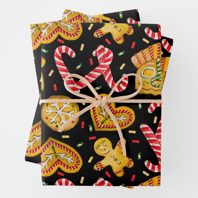 Festive Christmas Gingerbread Cookies & Candy Cane Wrapping Paper Sheets (In situ)