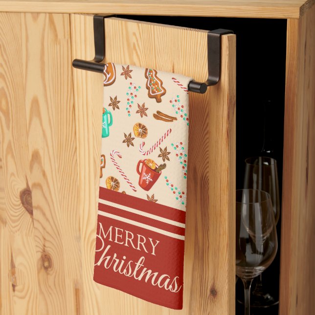 Festive Christmas Gingerbread Cookies & Cocoa  Kitchen Towel (Thirds Fold)