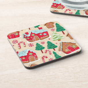 Festive Christmas Gingerbread Houses Trees Pattern Beverage Coaster