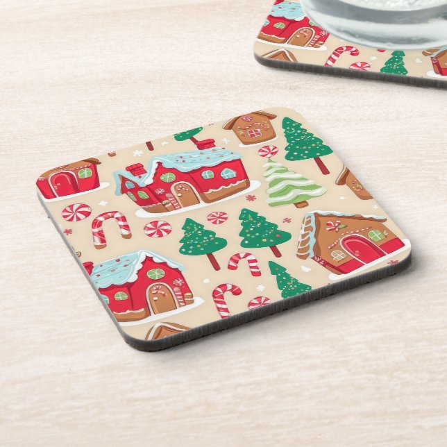 Festive Christmas Gingerbread Houses Trees Pattern Beverage Coaster (Left Side)