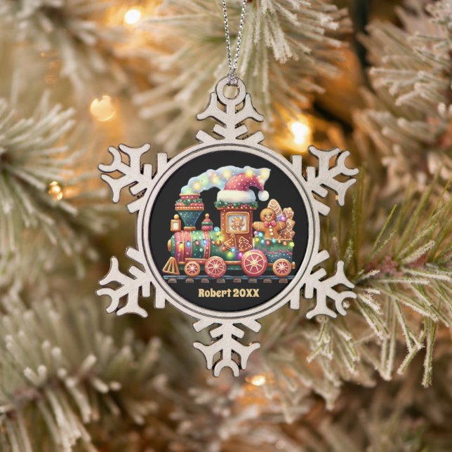 Festive Christmas gingerbread train add name date Snowflake Pewter Christmas Ornament (Tree)