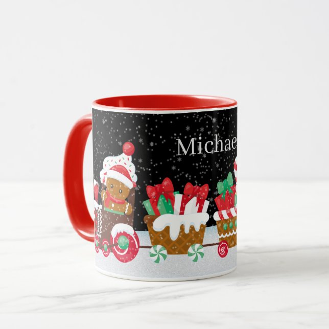 festive Christmas gingerbread train add name Mug (Front Left)