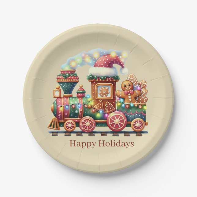 Festive Christmas gingerbread train party  Paper Plates (Front)