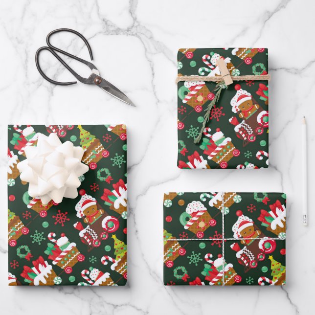 festive Christmas Gingerbread train Wrapping Paper Sheets (Front)