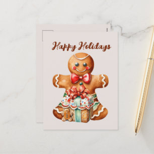 Festive Christmas gingerbread watercolor Holiday Postcard