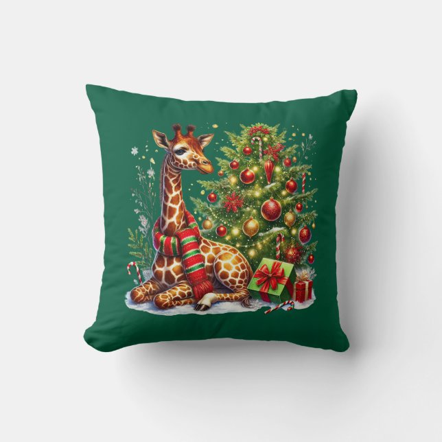 Festive Christmas giraffe Holiday Throw Pillow (Front)