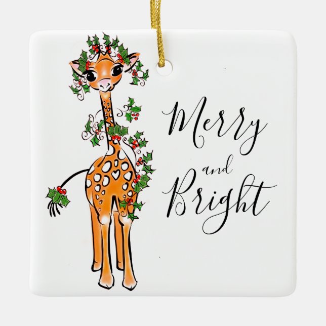 Festive Christmas Giraffe, red green garand Ceramic Ornament (Front)
