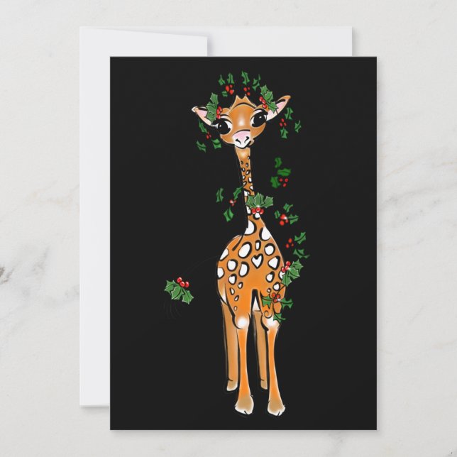 Festive Christmas Giraffe, red green garland Holiday Card (Front)