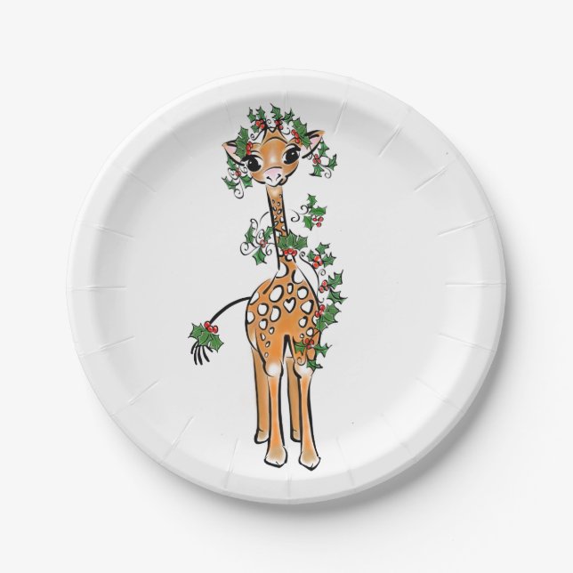 Festive Christmas Giraffe, red green garland Paper Plates (Front)