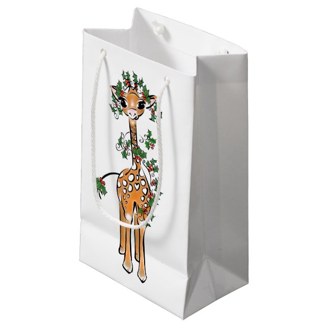 Festive Christmas Giraffe, red green garland Small Gift Bag (Front Angled)