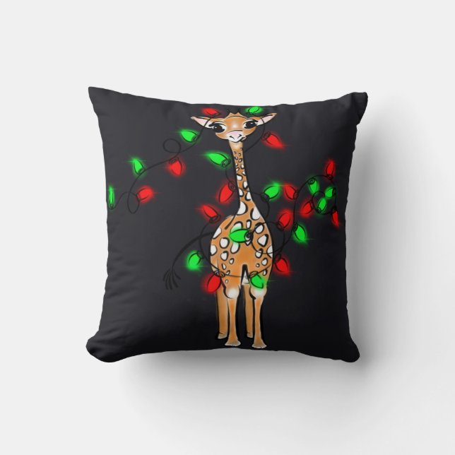 Festive Christmas Giraffe-red green twinkle lights Throw Pillow (Front)